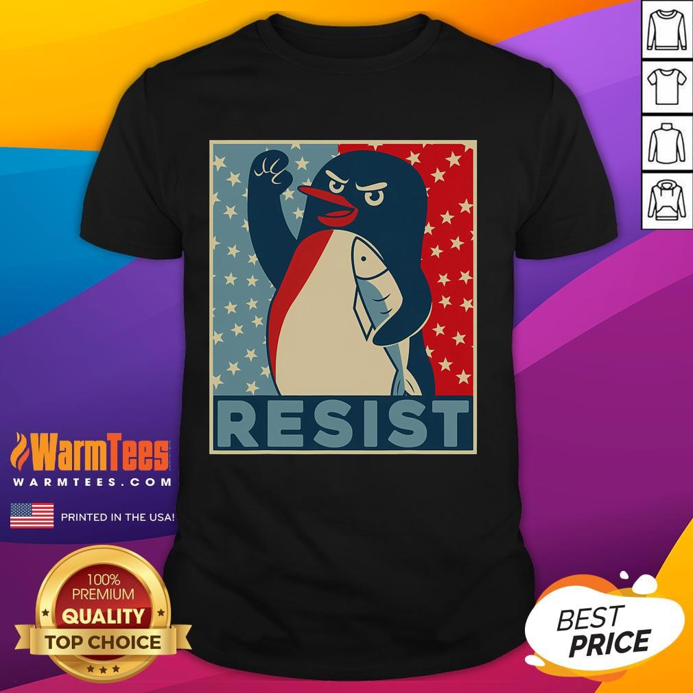 Funny Penguin Resist Penguins Protest Against Tariffs T Shirt Funny Penguin Resist Penguins Protest Against Tariffs T-Shirt featuring a cartoon penguin holding a protest sign.