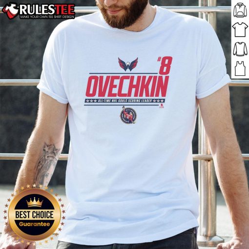 Awesome Alexander Ovechkin NHL All-Time Leading Goal Scorer T-Shirt featuring bold graphics and vibrant colors.