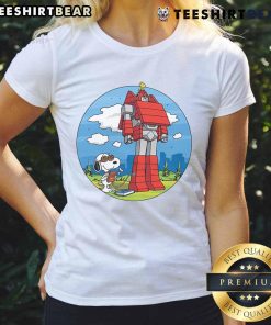 Awesome Beagletron 5000 tee featuring Snoopy and Woodstock, perfect for ladies who love peanuts and cartoon style.