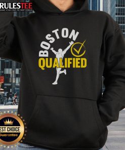 Alt Text: Proud runner wearing an Awesome Boston Qualifier Marathon Running Hoodie, showcasing dedication and achievement.
