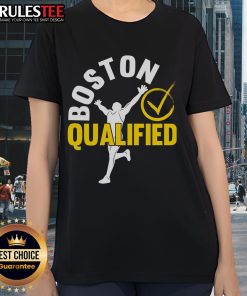 Alt Text: Proud marathon running ladies wearing 'Awesome Boston Qualifier' tees celebrate their achievements at the race.