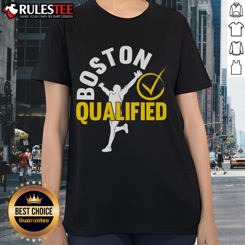 Awesome Boston Qualifier Proud Marathon Running Ladies Tee Alt Text: Proud marathon running ladies wearing 'Awesome Boston Qualifier' tees celebrate their achievements at the race.