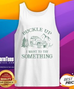 Retro offroad car tank top featuring 'Buckle Up' design for adventure enthusiasts and vintage style lovers.