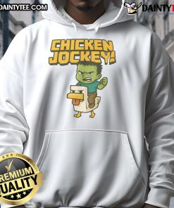 Alt Text: Awesome Chicken Jockey Minecraft baby zombie riding chicken hoodie design for gamers and fans of Minecraft apparel.