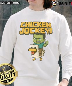 Awesome Chicken Jockey Minecraft sweatshirt featuring a baby zombie riding a chicken in vibrant colors.