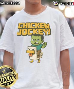 Alt Text: Awesome Chicken Jockey Minecraft baby zombie riding a chicken on a fun graphic t-shirt design.