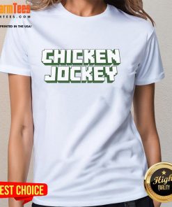 Awesome Chicken Jockey video game meme on a ladies tee, featuring vibrant graphics and fun gaming culture design.