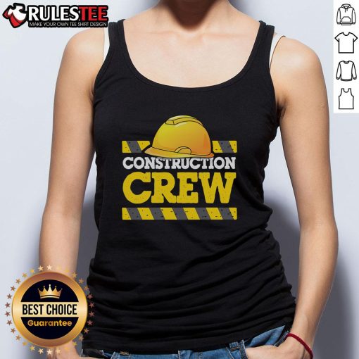 Awesome construction crew wearing hats and tank tops at a job site, showcasing teamwork and dedication in construction work.