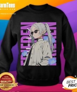 Person wearing an Awesome Cool Chill Day with Frieren sweatshirt, enjoying a relaxed outdoor setting.