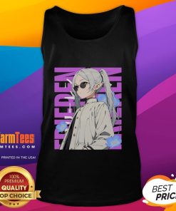 Stylish woman enjoying an awesome cool chill day in a 'Frieren' tank top, perfect for summer outings and casual wear.