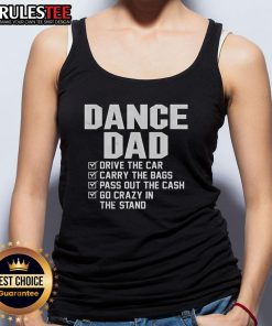 Awesome dance dad in a tank top driving a car, carrying bags, and cheering wildly in the stands at a sports event.