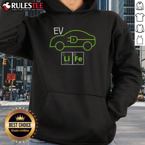 Awesome EV Life periodic table design hoodie for electric vehicle enthusiasts, featuring electric power elements.