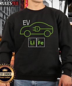 Awesome EV Life sweatshirt featuring a periodic table of elements related to electric vehicles and EV drivers.
