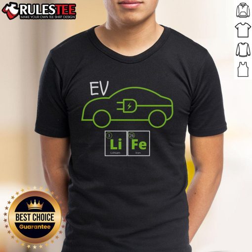 Awesome EV Life T-Shirt featuring a periodic table of elements design for electric vehicle enthusiasts and EV drivers.