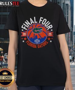 Awesome Florida Basketball 2025 Final Four Ladies Tee featuring vibrant design and team colors for fans and supporters.