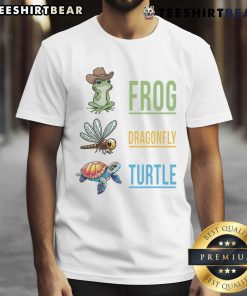 Awesome Frog Dragonfly Turtle T-Shirt showcasing a vibrant design featuring a frog, dragonfly, and turtle in bright colors.