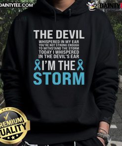 Alt Text: Light blue ribbon hoodie for prostate cancer awareness featuring 'Awesome I Am The Storm' slogan.