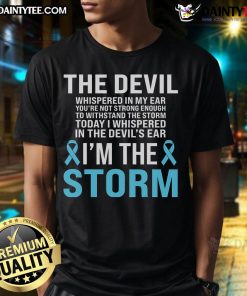 Alt Text: Light blue ribbon t-shirt with 'I Am The Storm' design for prostate cancer awareness, promoting support and hope.