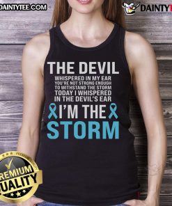 Light blue ribbon tank top promoting prostate cancer awareness with 'Awesome I Am The Storm' slogan, perfect for support.