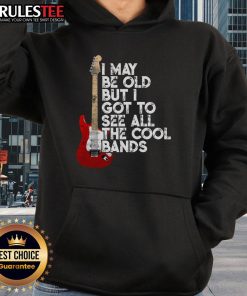 Person wearing an 'Awesome I May Be Old But I Got To See All The Cool Bands' hoodie at a concert, holding a guitar.