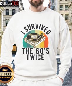 Alt Text: Awesome I Survived The 60s Sixties Twice 70th Birthday Sweatshirt featuring retro design and vibrant colors.