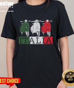 Lady riding a Vespa scooter with the Italian flag design on a tee, perfect souvenir for Italy lovers.