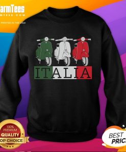 Vespa moped rider in Italy wearing a sweatshirt featuring the Italian flag, perfect souvenir for travel lovers.