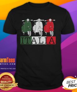 Awesome Italy Italian flag scooter Vespa moped rider T-shirt souvenir design featuring vibrant colors and iconic symbols.