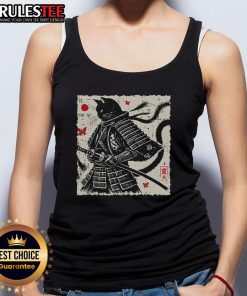Awesome Japanese cat in samurai armor wearing a vintage tank top, perfect for cat lovers and samurai enthusiasts.