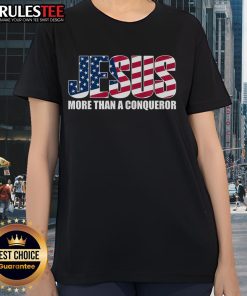 Awesome Jesus More Than A Conqueror Ladies Tee featuring bold graphics and a stylish design for faith-inspired fashion.