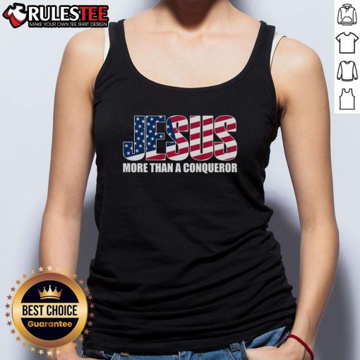 Awesome Jesus More Than A Conqueror tank top featuring bold graphic design for faith-inspired fashion.