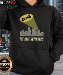 Awesome Jesus The Real Superhero Bat Signal Hoodie showcasing a unique design blending faith and superhero themes.