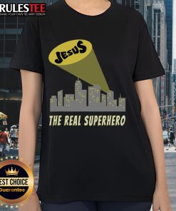 Awesome Jesus The Real Superhero Bat Signal Ladies Tee featuring a vibrant graphic of Jesus as a superhero.