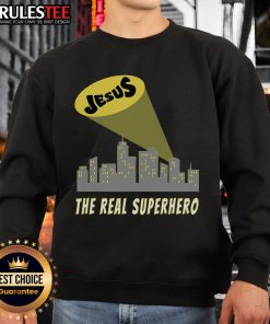 Awesome Jesus The Real Superhero Bat Signal Sweatshirt featuring a unique design for faith and superhero fans.