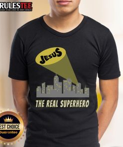 Awesome Jesus The Real Superhero Bat Signal T-Shirt featuring a bold design of Jesus with superhero elements and bat signal.