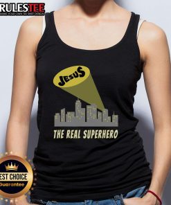 Awesome Jesus the Real Superhero Bat Signal Tank Top featuring a vibrant graphic of Jesus as a superhero symbol.