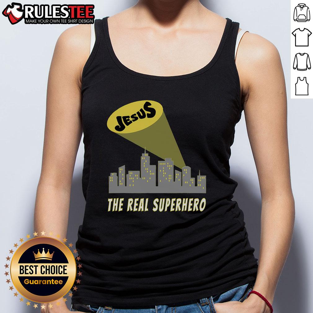 Awesome Jesus The Real Superhero Bat Signal Tank Top Awesome Jesus the Real Superhero Bat Signal Tank Top featuring a vibrant graphic of Jesus as a superhero symbol.
