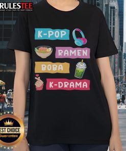 Awesome K-Pop Ramen Boba K-Drama Ladies Tee featuring vibrant graphics and stylish design for K-Pop fans.