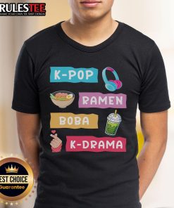 Awesome K-Pop Ramen Boba K-Drama T-Shirt featuring vibrant graphics of K-Pop elements and trendy design.