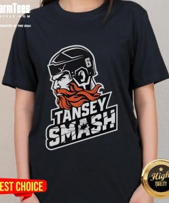 Alt Text: Awesome Kevin Tansey Smash Sheffield Steelers Hockey Ladies Tee featuring bold graphics and vibrant colors.