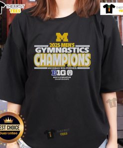 AwesomeMichigan Wolverines 2025 Big Ten Men's Gymnastics Tournament Champions Ladies Tee featuring team logo and colors.