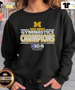 2025 Big Ten Men's Gymnastics Tournament Champions sweatshirt featuring Michigan Wolverines logo and team colors.