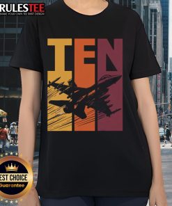 Awesome military fighter jet design on a ladies tee, perfect for a ten-year-old boy's 10th birthday celebration.