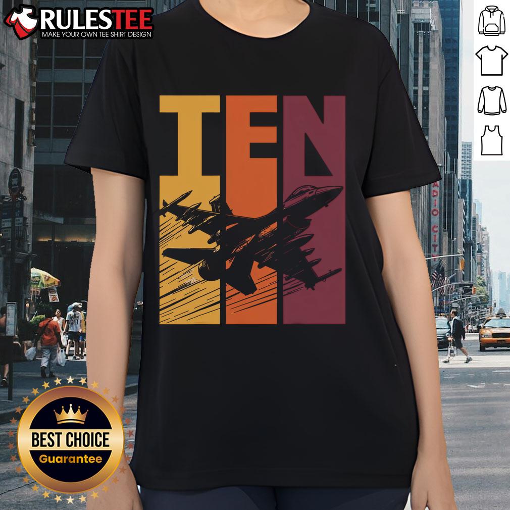 Awesome Military Fighter Jet Retro Ten Year Old Boy 10Th Birthday Ladies Tee Awesome military fighter jet design on a ladies tee, perfect for a ten-year-old boy's 10th birthday celebration.