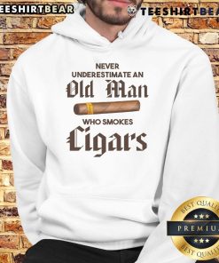 Awesome Never Underestimate Old Man Who Smokes Cigar Hoodie featuring a cool elderly man enjoying a cigar.