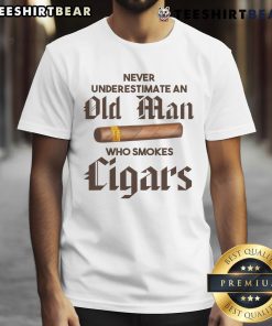 Awesome Never Underestimate Old Man Who Smokes Cigar T-Shirt featuring a bold graphic design and vintage style.