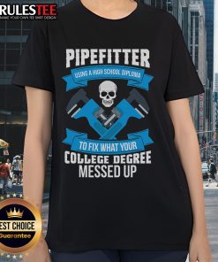 Alt Text: Awesome pipefitter fixing issues, showcasing skills with a high school diploma, contrasting college degree outcomes.