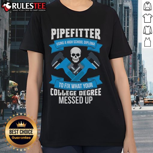 Alt Text: Awesome pipefitter fixing issues, showcasing skills with a high school diploma, contrasting college degree outcomes.