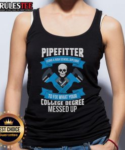 Awesome pipefitter in tank top fixing plumbing, showcasing skills that outshine a college degree, high school diploma pride.