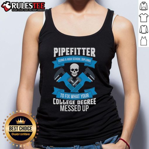 Awesome pipefitter in tank top fixing plumbing, showcasing skills that outshine a college degree, high school diploma pride.